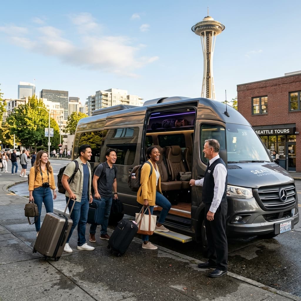 Tourists boarding Seattle Explore shuttle